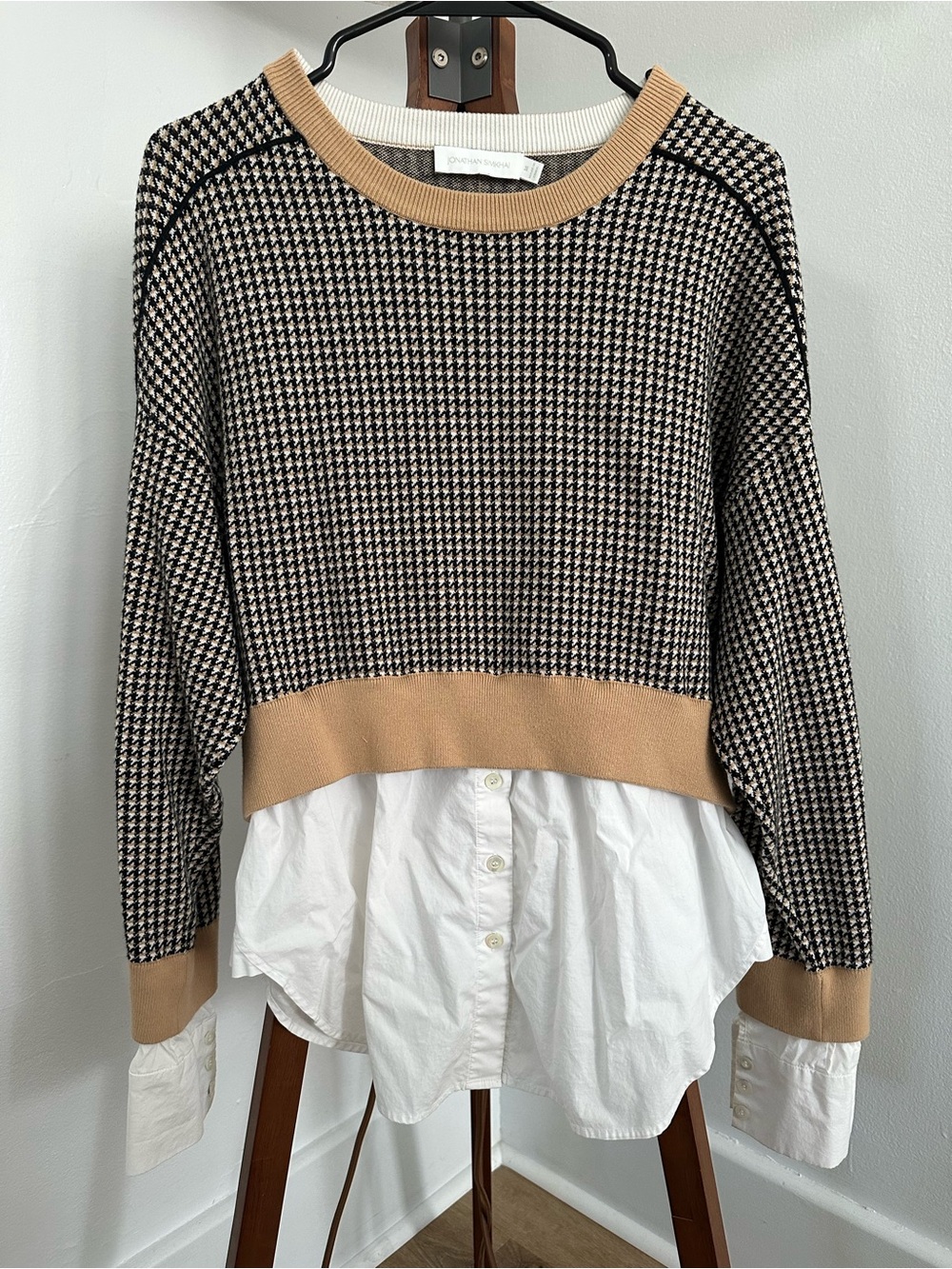 Jonathan Simkhai Black & Beige Houndstooth Cropped Sweater